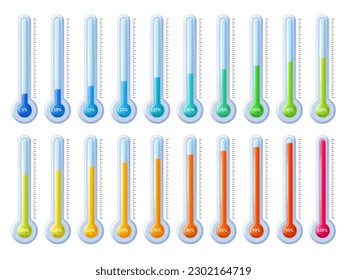 Thermometer animation. Temperature percentage scale, goal success infographic and process meter from low cold to high hot gauge vector illustration set of thermometer percentage measurement