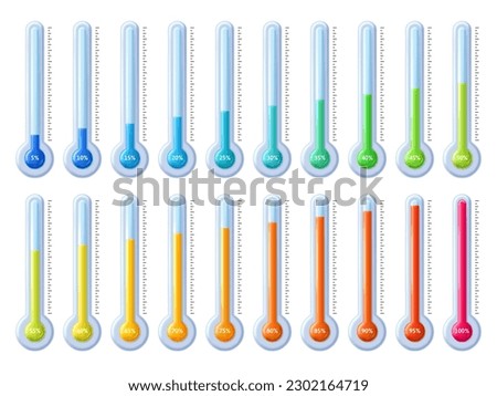 Thermometer animation. Temperature percentage scale, goal success infographic and process meter from low cold to high hot gauge vector illustration set of thermometer percentage measurement
