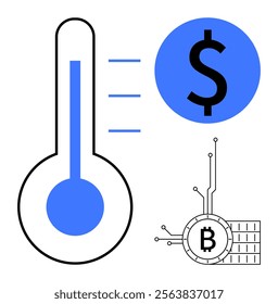A thermometer appears alongside a dollar symbol and a Bitcoin icon connected to circuitboard elements. Ideal for modern finance, cryptocurrency, investment, technology, and blockchain themes. Simple