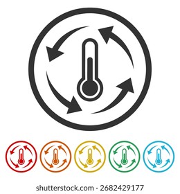 Thermometer and arrows icon. Set icons in color circle buttons