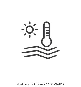 Thermometer and beach outline icon. linear style sign for mobile concept and web design. Warm weather simple line vector icon. Symbol, logo illustration. Pixel perfect vector graphics