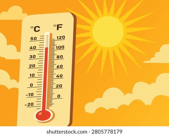 Thermometer beneath bright summer sun and clouds illustrating rising temperatures seasonal warmth weather observation climate awareness and environmental heat conditions in a cheerful outdoor scene