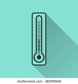Thermometer  black icon with long shadow, flat design. Vector illustration.