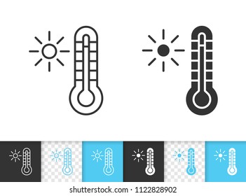 Thermometer black linear and silhouette icons. Thin line sign of sun. Temperature outline pictogram isolated on white, color, transparent backdrop. Vector Icon shape. Thermometer simple symbol closeup