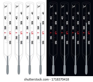 Termómetro blanco y negro para medir la temperatura corporal. Escala de medida de Celsius. Termómetro de mercurio. Se ejecuta en blanco para ilustrar el aumento o disminución de la temperatura corporal.