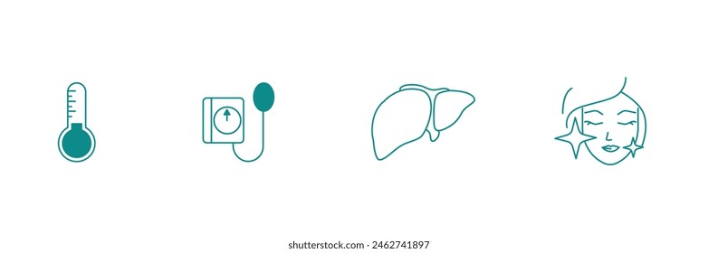 Termómetro, Medidor de presión arterial, Hígado humano, y Piel Tratamiento Vector Conjunto de iconos
