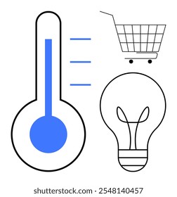 A thermometer with blue levels, a shopping cart, and a light bulb in a simple style. Ideal for energy consumption efficiency retail and ideas. Simple line art with blue accents