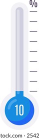 Termômetro com líquido azul indicando dez por cento, ideal para representar baixas porcentagens, desempenho ou medições