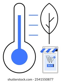 Thermometer with blue liquid, a leaf symbol, and a smartphone with a shopping cart. Ideal for climate change, eco-friendly shopping, sustainability, online retail, and environmental impact. Modern