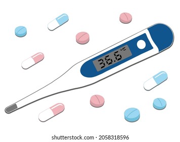 thermometer and  blue and pink pills