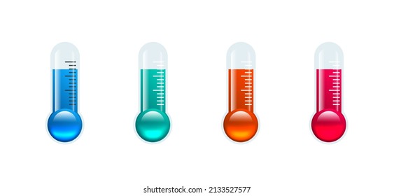 Thermometer with blue, red, pink mercury. Thermometers show different temperatures. Temperatures below and above zero. Vector illustration isolated on white background.