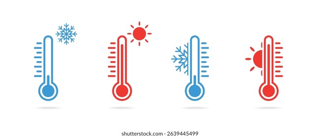Thermometer with blue and red scale. Climate control and weather change icon. Flat two-color vector illustration. Collection of thermometer icons isolated on white background.