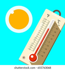 Thermometer with Blue Sky and Sun. Hot Summer Day Symbol. Vector.