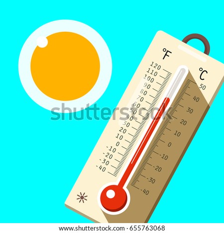 Thermometer with Blue Sky and Sun. Hot Summer Day Symbol. Vector.
