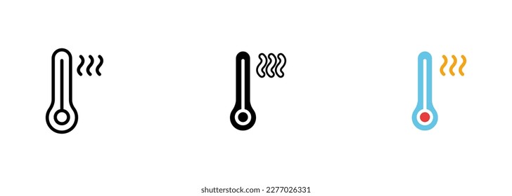 A thermometer with the Celsius degree symbol displaying the current temperature. Vector set of icons in line, black and colorful styles isolated.