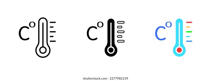 A thermometer with the Celsius degree symbol displaying the current temperature. Vector set of icons in line, black and colorful styles isolated.