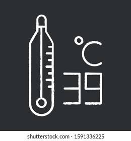 Thermometer chalk icon. High temperature. 39 degree Celcius. Body heat. Medical device. Common cold symptom. Illness and sickness. Influenza virus. Flu, grippe. Isolated vector chalkboard illustration