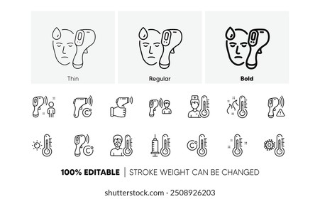 Termômetro, verifique a temperatura corporal, diagnóstico de febre. Ícones de linha de temperatura. Controle de coronavírus, verificação de gripe, ícones da linha de inspeção de doenças. 2019-ncov medidas de proteção, calor corporal. Vetor