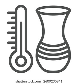 Thermometer and clay vase line icon, pottery making concept. Vector graphics. Clay product safe temperature sign on white background, outline style icon for mobile or web design
