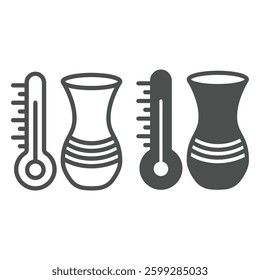 Thermometer and clay vase line and solid icon, pottery making concept. Vector graphics. Clay product safe temperature sign on white background, outline style icon for mobile or web design