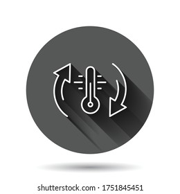 Thermometer climate control icon in flat style. Meteorology balance vector illustration on black round background with long shadow effect. Hot, cold temperature circle button business concept.
