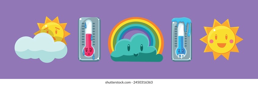 Thermometer, Cloud and Sun Character as Weather and Meteorology Element Vector Set