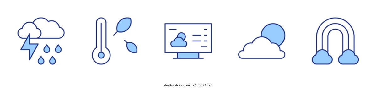 thermometer, cloudy day, rainbow, thunderstorm, weather. Weather forecast Icon vector illustration. Line Duotone style. Editable stroke.