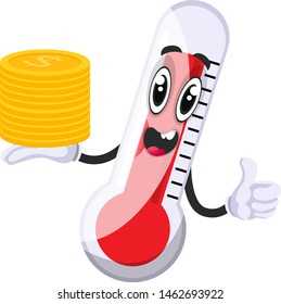 Thermometer with coins, illustration, vector on white background.