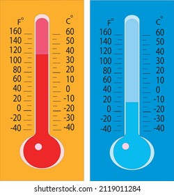 Thermometer. Cold and hot. Celsius and Fahrenheit scale. Temperature measurement. Hot and cold. Vector image