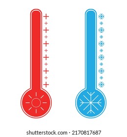Thermometer cold and hot icon. Freeze temperature vector weather warm cool indicator. Meteorology thermometers measuring heat and cold. Flat vector illustration