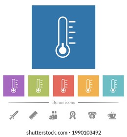 Thermometer cold temperature flat white icons in square backgrounds. 6 bonus icons included.