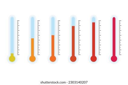 Colección de termómetros con alta temperatura, caliente y caliente animación. Ilustración vectorial. Escala de termómetro, concepto de temperatura diferente, control de mercurio, instrumento médico o meteorológico