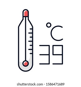 Thermometer color icon. High temperature. 39 degree Celcius. Body heat. Medical device. Common cold symptom. Illness and sickness. Influenza virus. Flu, grippe. Isolated vector illustration