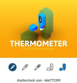 Thermometer color icon, vector symbol in flat, outline and isometric style isolated on blur background