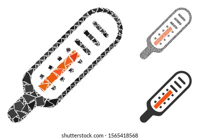 Thermometer composition of ragged pieces in different sizes and color tints, based on thermometer icon. Vector tuberous pieces are organized into composition.