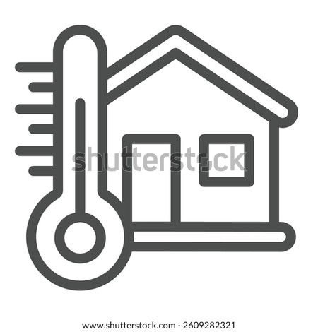 Thermometer with cottage building line icon, climate change concept. Vector graphics. Home house, temperature heating sign on white background, outline style icon for mobile or web design
