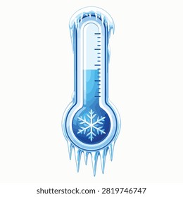 A thermometer covered in ice with a snowflake at the base, indicating cold temperatures.
