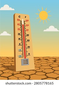 Thermometer in cracked dry landscape beneath intense sunlight illustrating drought conditions extreme temperatures environmental stress climate change impacts ecological challenges and global warming concerns