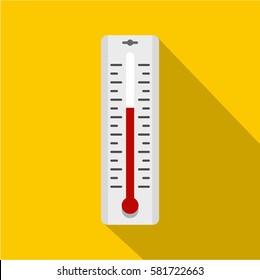 Thermometer with degrees icon. Flat illustration of thermometer with degrees vector icon for web isolated on yellow background