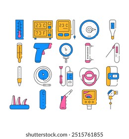 Iconos de Colección del dispositivo del termómetro fijados Vector. Termómetro Digital Y Electrónica, Ventana Y Gadget De Cocina, Pirómetro Y Fermómetro Herramienta De Medición Color Contorno Ilustraciones