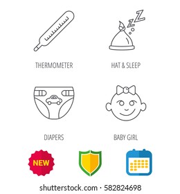 Thermometer, diapers and sleep hat icons. Baby girl linear sign. Shield protection, calendar and new tag web icons. Vector