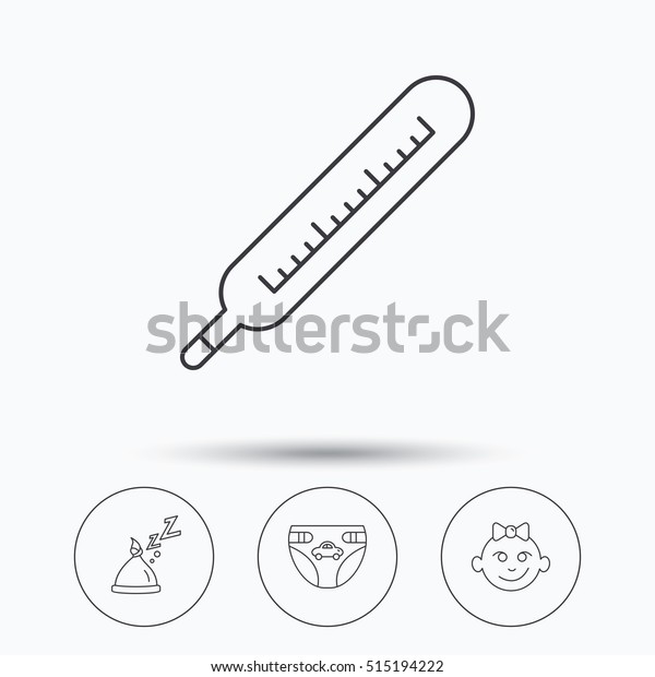 Thermometer,\
diapers and sleep hat icons. Baby girl linear sign. Linear icons in\
circle buttons. Flat web symbols.\
Vector