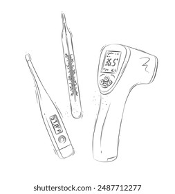 Thermometer different types regular, contactless, electronic composition for medical purposes drawing in graphic style on white background