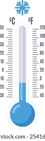 Thermometer displaying freezing temperatures in both celsius and fahrenheit scales, alongside a snowflake icon, symbolizing chilly weather conditions