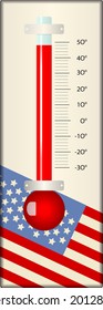 Thermometer displaying high temperature, heatwave due to climate change in the USA, vector illustration