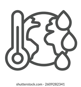 Thermometer and earth with drops line icon, climate change concept. Vector graphics. Planet, world temperature heating sign on white background, outline style icon for mobile or web design
