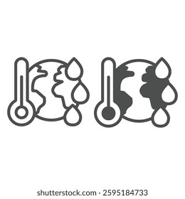 Thermometer and earth with drops line and solid icon, climate change concept. Vector graphics. Planet, world temperature heating sign on white background, outline style icon for mobile or web design