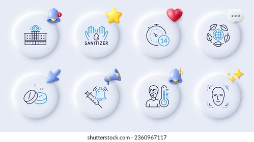 Thermometer, Eco organic and Medical tablet line icons. Buttons with 3d bell, chat speech, cursor. Pack of Hand sanitizer, Hospital building, Face detection icon. Vector