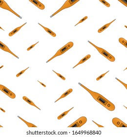 The thermometer is electronic. Seamless vector pattern. The device is orange on an isolated colorless background. Medical topics. Endlessly repeating ornament. Idea for wallpaper, cover, packaging.