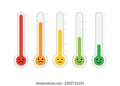 thermometer emotional scale satisfaction level. face emotion happy normal and angry. vector illustration flat design. isolated on white background. Temperature and weather forecast.